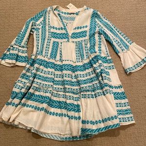 Women’s NWT Handmade Flowy Dress by Sofia Made in Italy, Turquoise and cream,